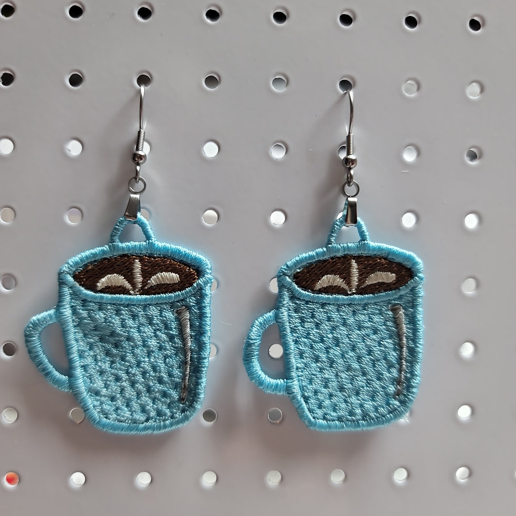 Large Light Blue Lace Coffee Mug Earrings