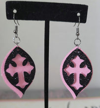 Load image into Gallery viewer, Black/Glitter Cross Faux Leather Earrings
