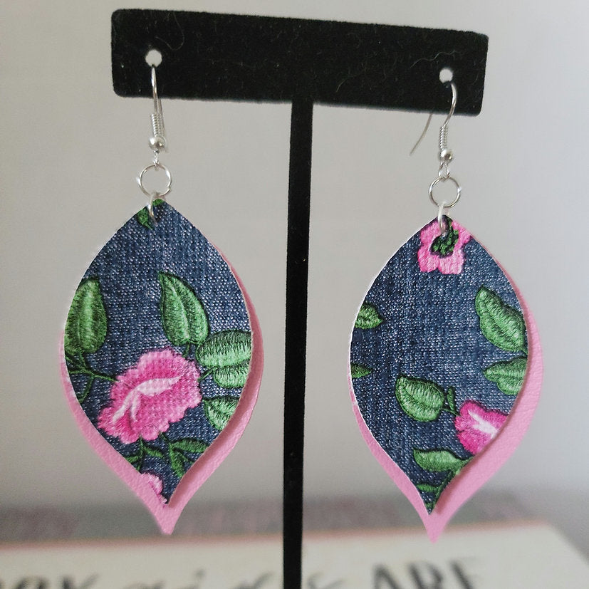 Pink Flowers Faux Leather Earrings
