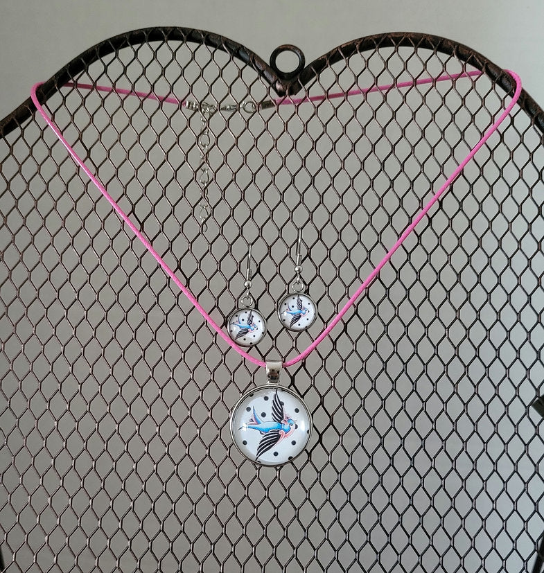 Swallow Bird With Black Dots Necklace Earrings Set